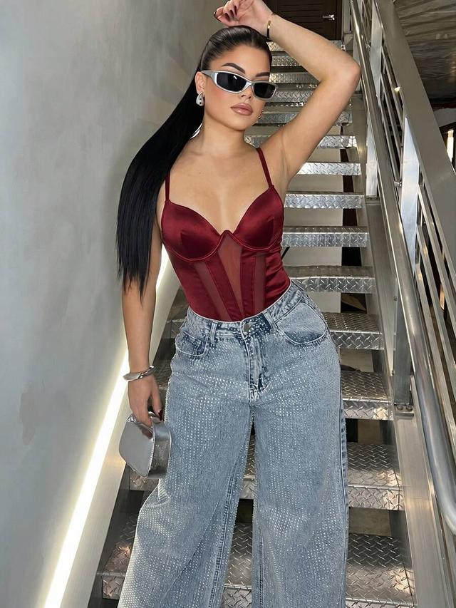 burgundy satin corset bodysuit with mesh panels