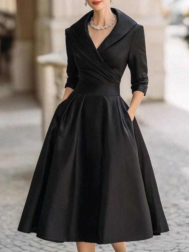 black satin wrap-style midi dress with shawl collar