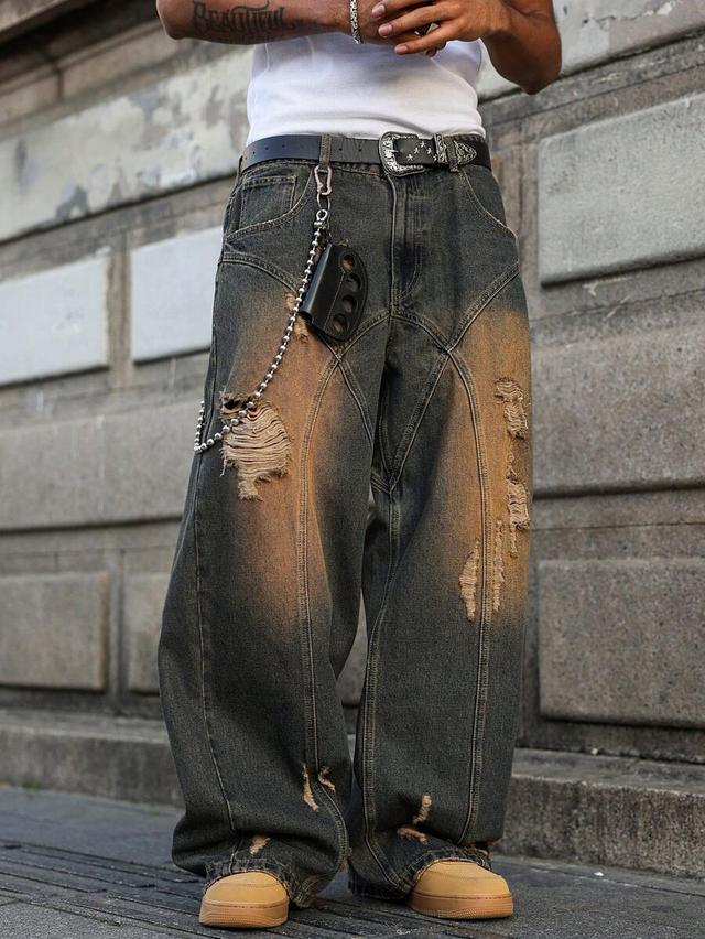 distressed dark blue vintage faded brown baggy straight jeans