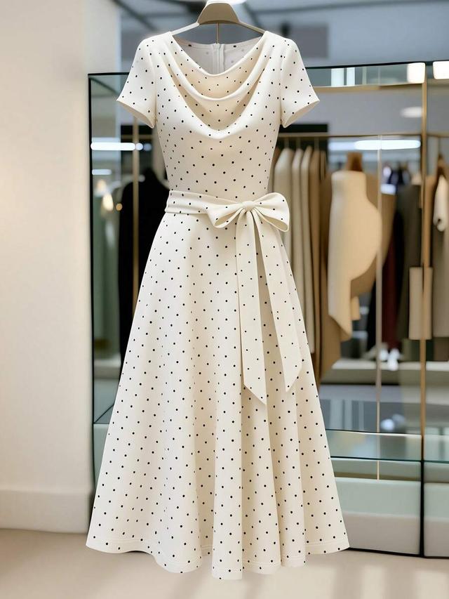 french elegant polka dot cowl neck tie waist dress