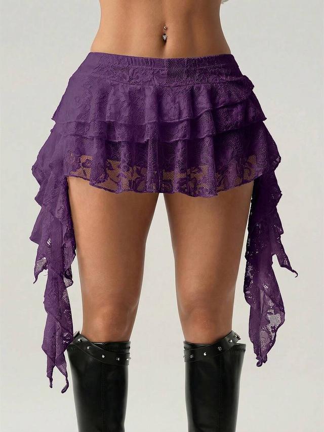 purple lace ruffle hem low waist mini skirt
