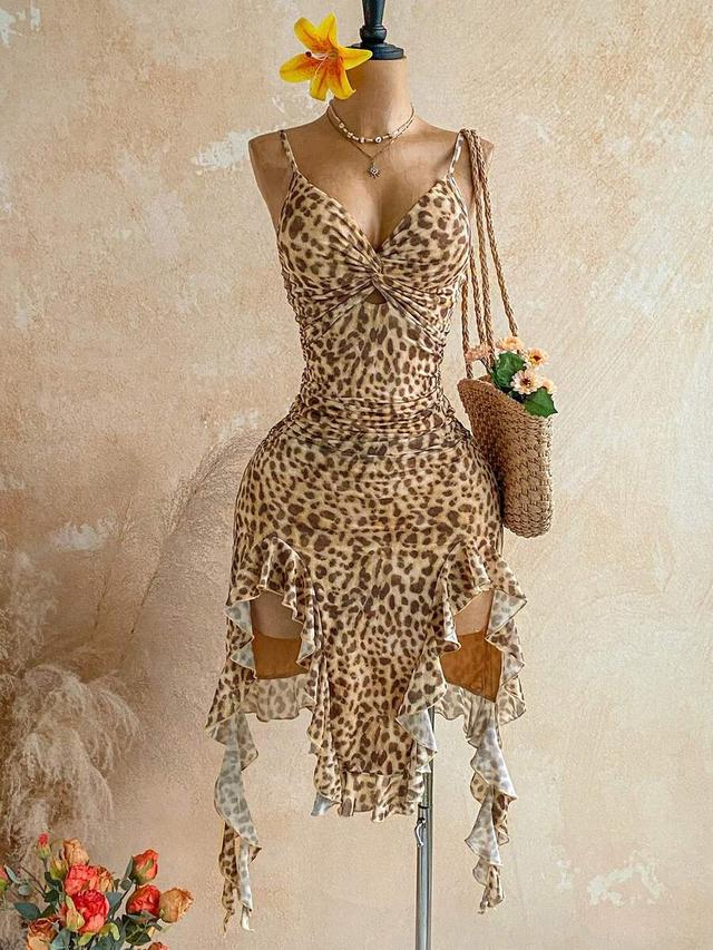 leopard print ruched mini dress with ruffle hem