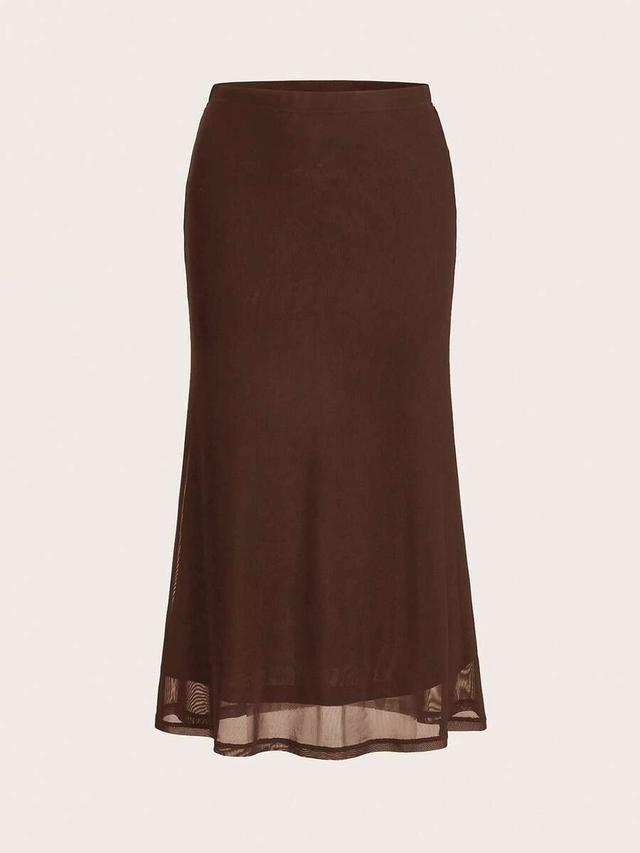 brown mesh midi slip skirt