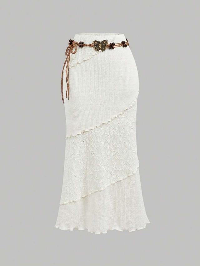 apricot color block bohemian lace midi skirt