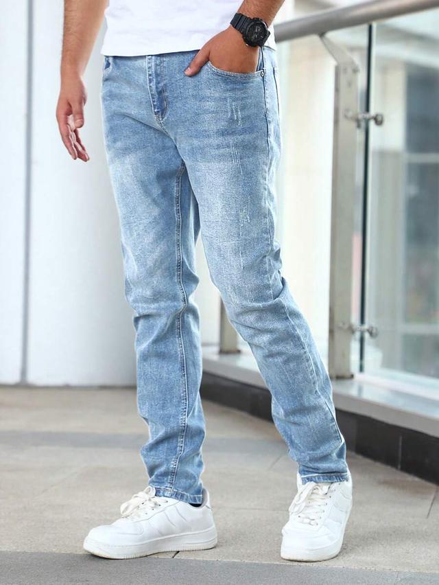 men light wash slim straight denim jeans