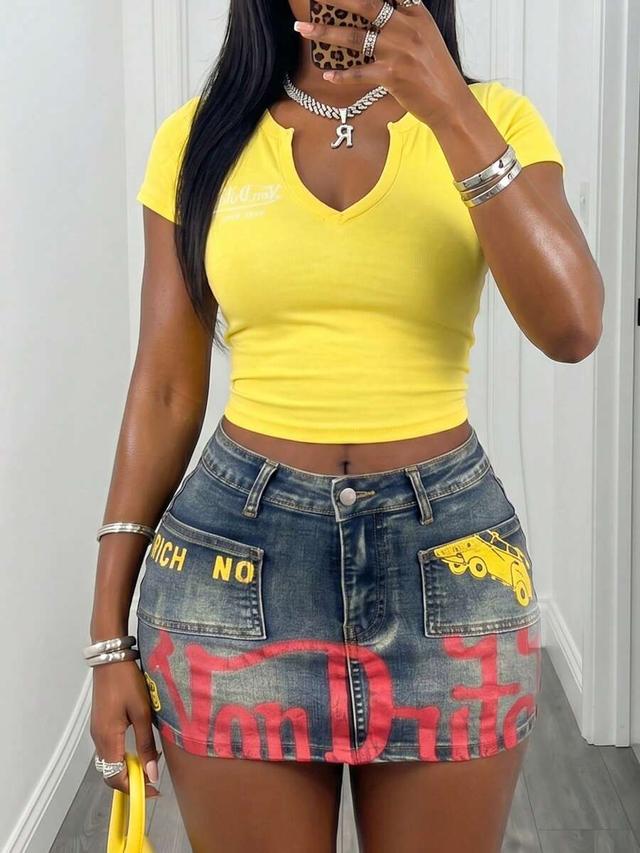 yellow women's stretch printed denim bodycon mini skirt