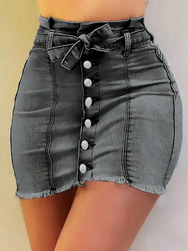 grey denim mini skirt with button front and tie
