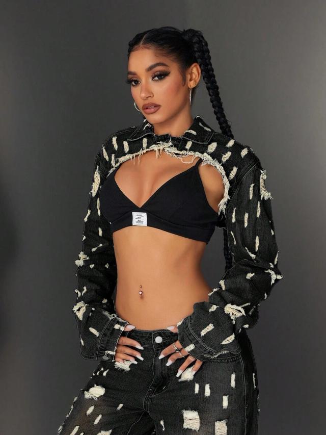 distressed raw edge cropped denim shrug jacket