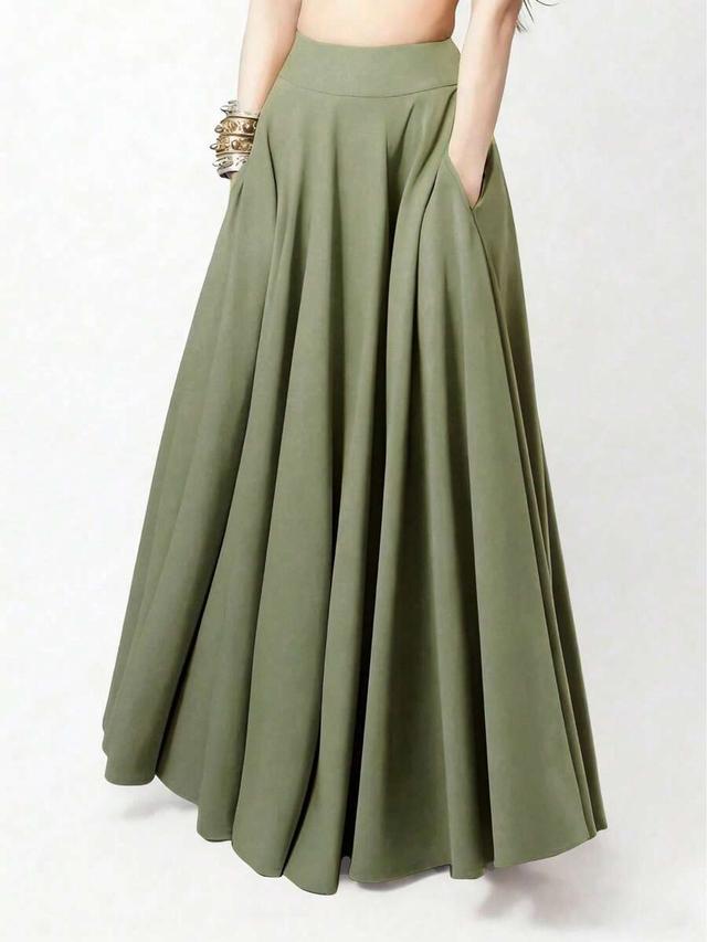 women's casual solid olive green pleated maxi skirt