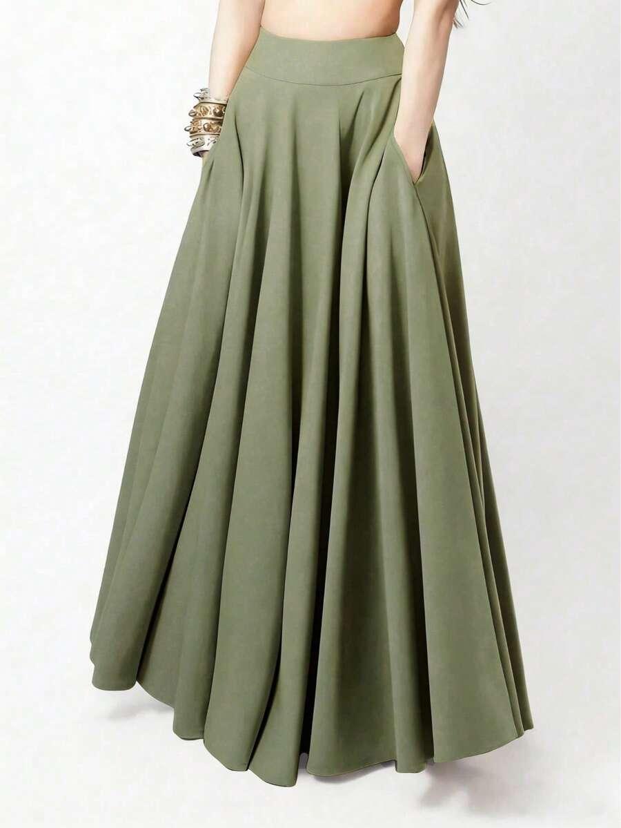 women's casual solid olive green pleated maxi skirt