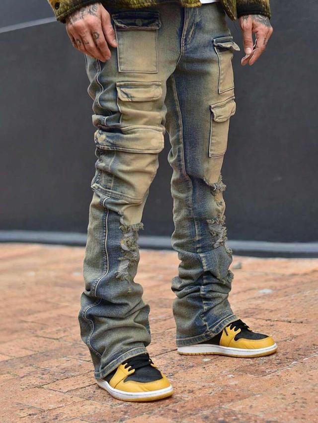 men's distressed washed flare leg cargo jeans