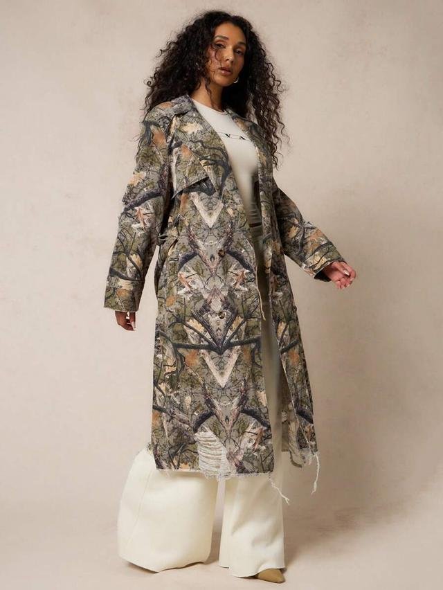 distressed camo print longline trench coat