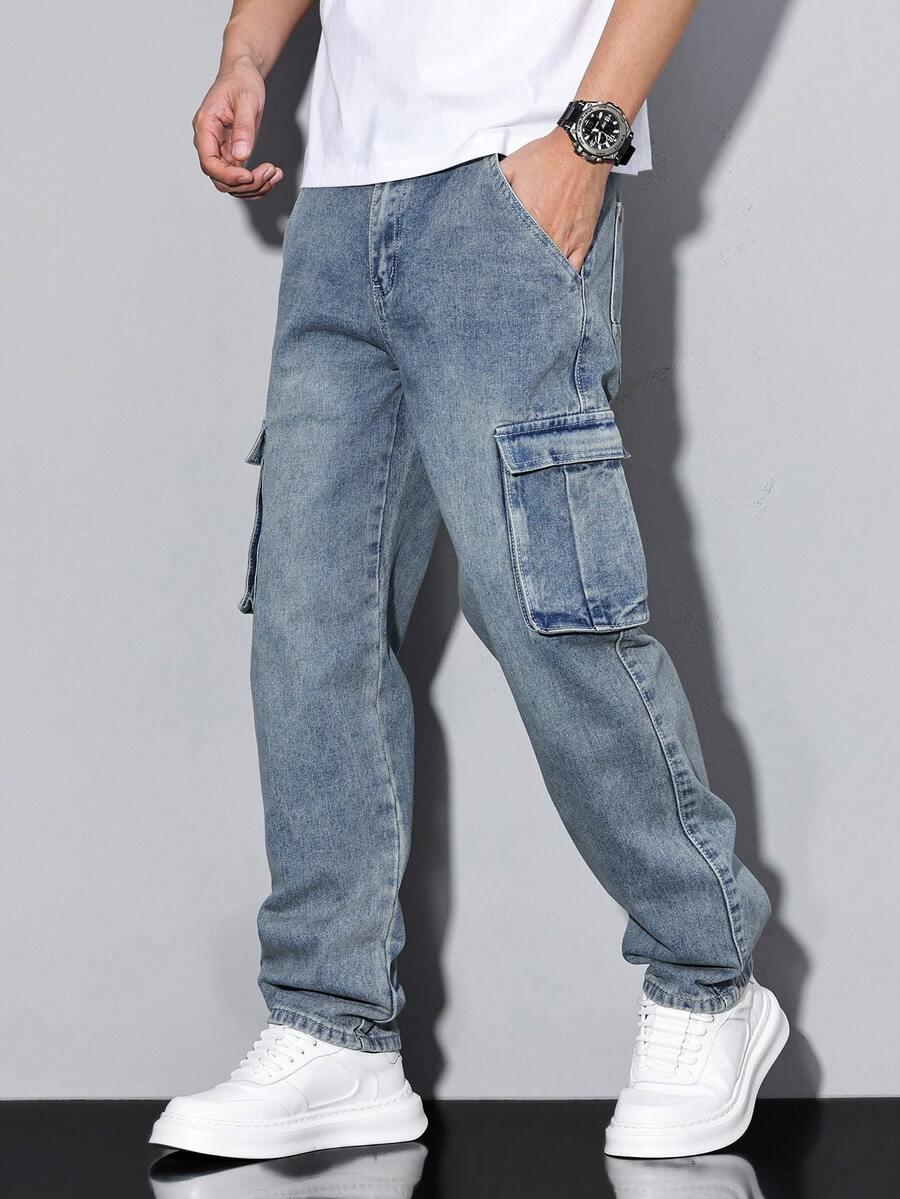 quarkem casual blue denim cargo jeans