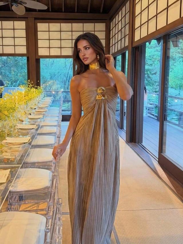 bronze strapless pleated khaki maxi dress with metal buckle