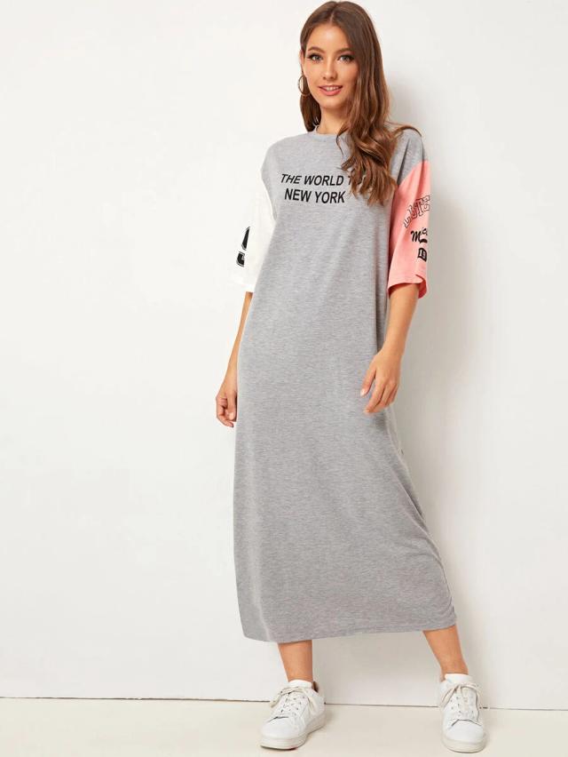 mulvari colorblock sleeve varsity print tee dress