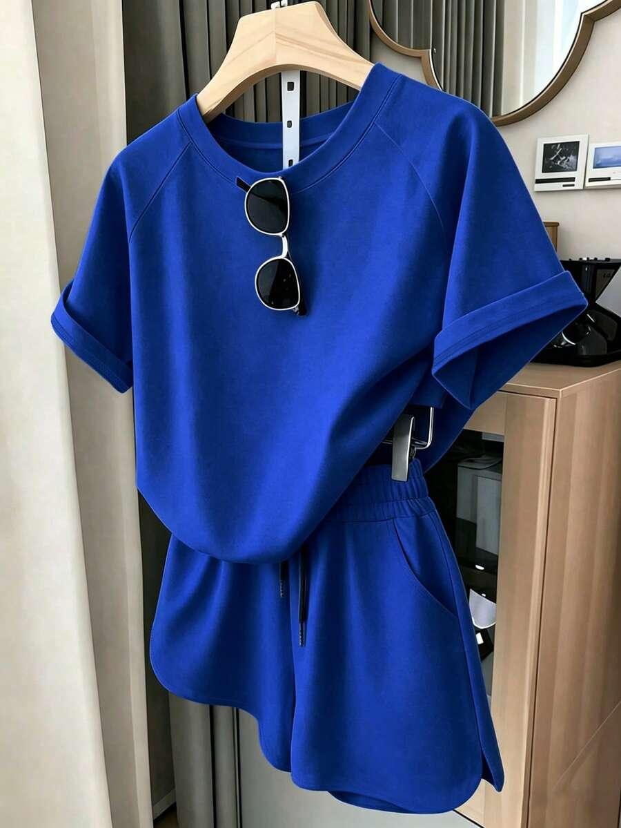 blue raglan short sleeve t-shirt and shorts set