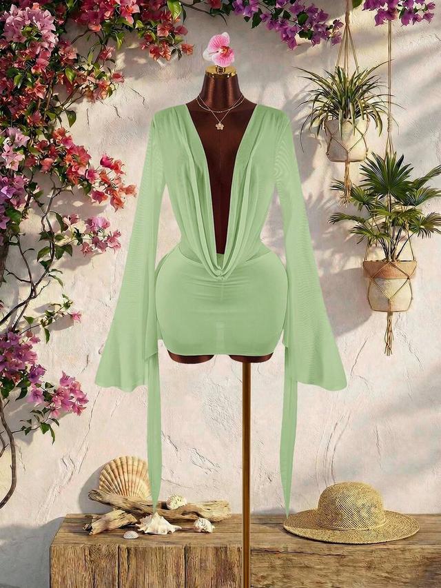 sage green draped collar bell sleeve bodycon mini dress