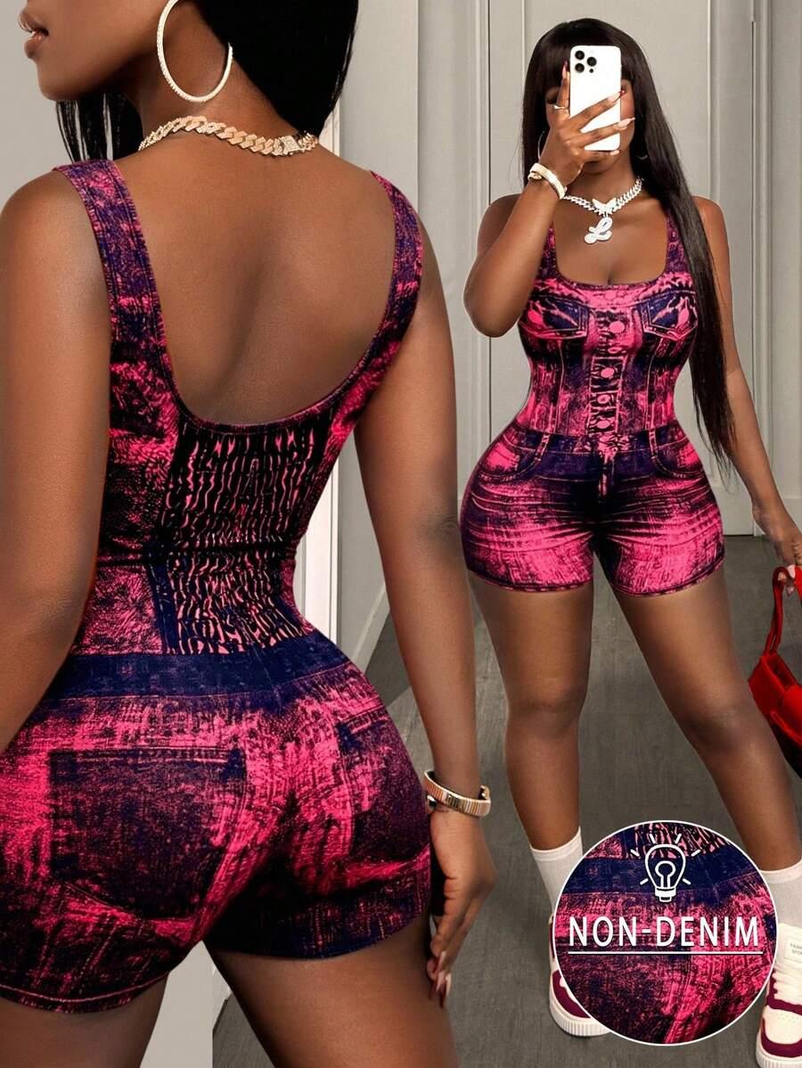 pink and black acid wash denim romper