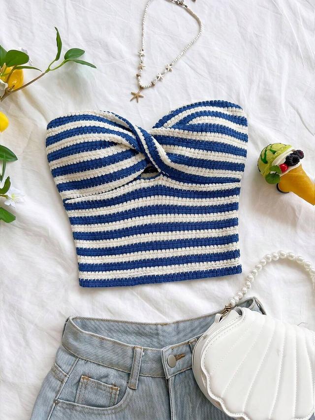 striped blue and white twist bandeau top
