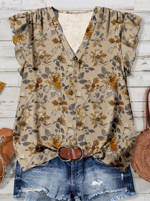 floral print v-neck flutter sleeve blouse