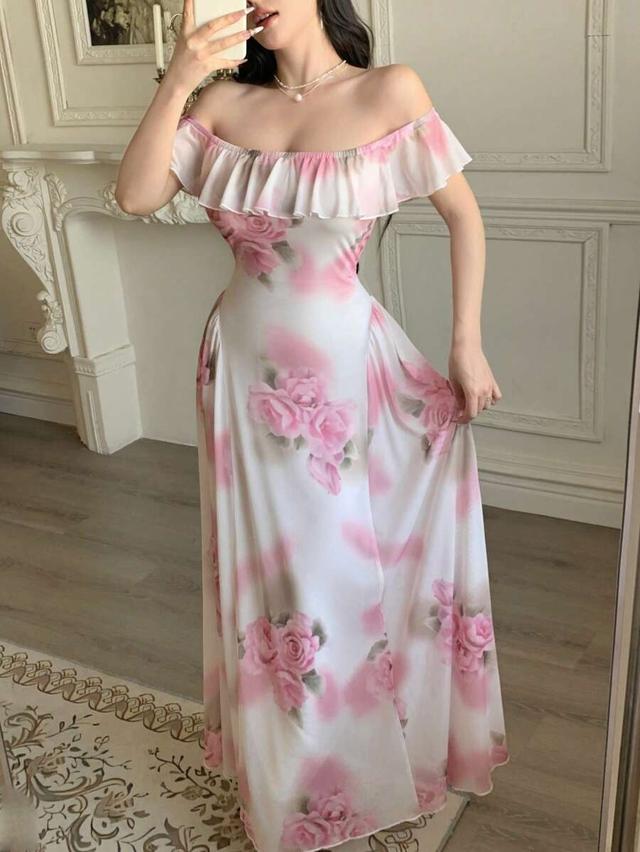 off-shoulder floral print mesh ruffled hem flare dress