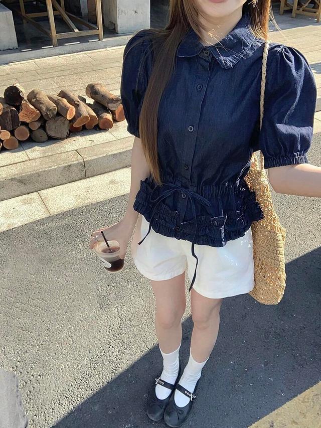 dark wash denim puff sleeve peplum blouse