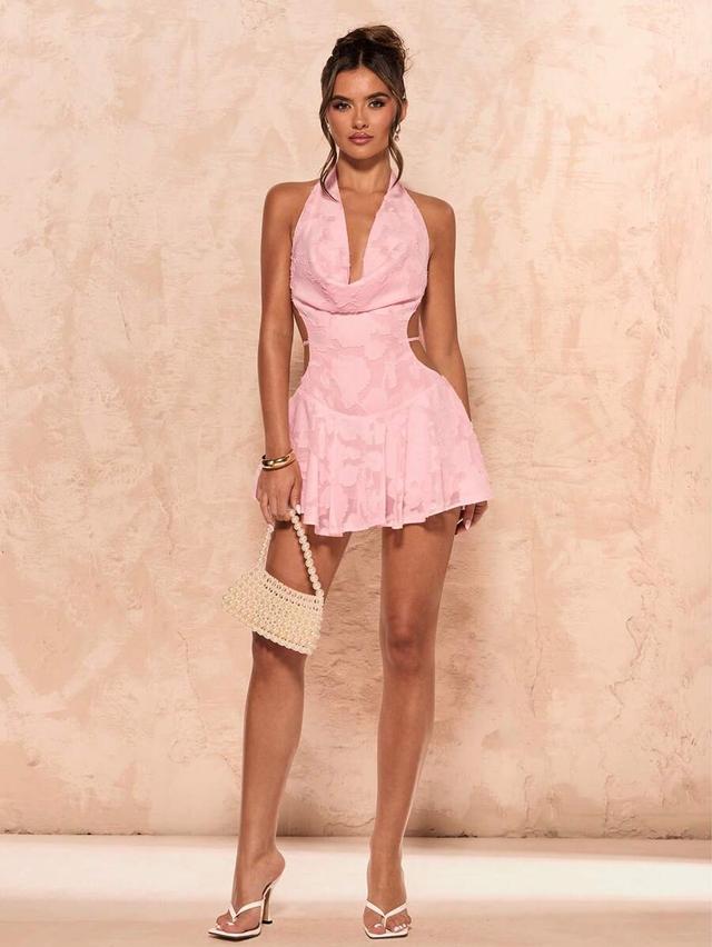 pink floral textured halter neck backless mini dress