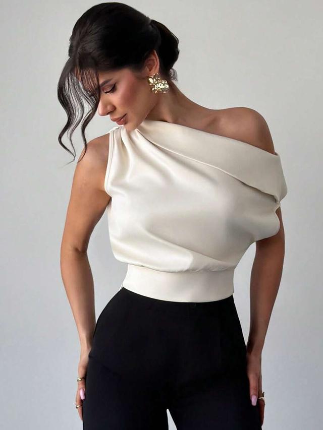 cream white asymmetric shoulder pleated satin blouse