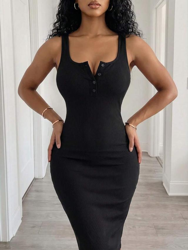 black ribbed knit henley bodycon midi dress
