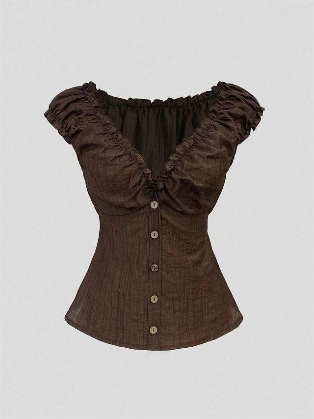 french retro brown vertical stripe textured ruffle blouse