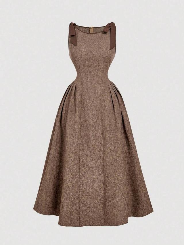 sleeveless round neck flared khaki dress with bow decor