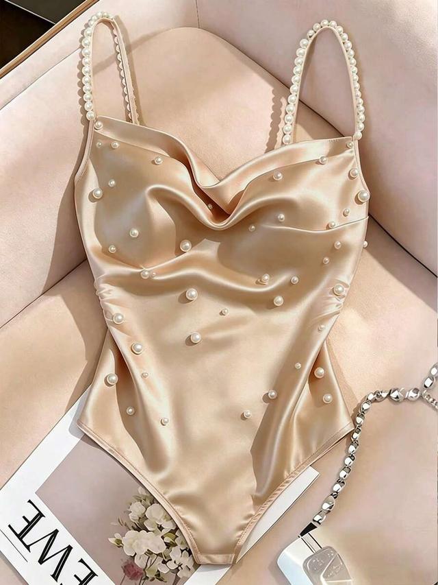 elegant faux pearl decor satin camisole bodysuit