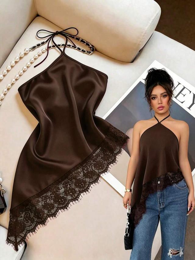 coffee brown satin halter camisole with lace trim