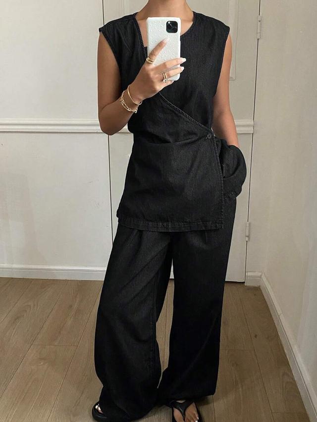 black denim wrap cap sleeve top