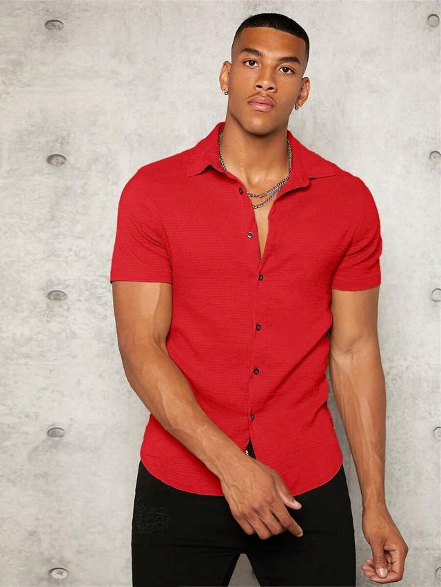 red textured short sleeve button front shirt