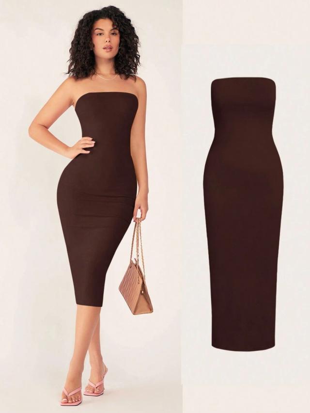 chocolate brown strapless midi bodycon dress
