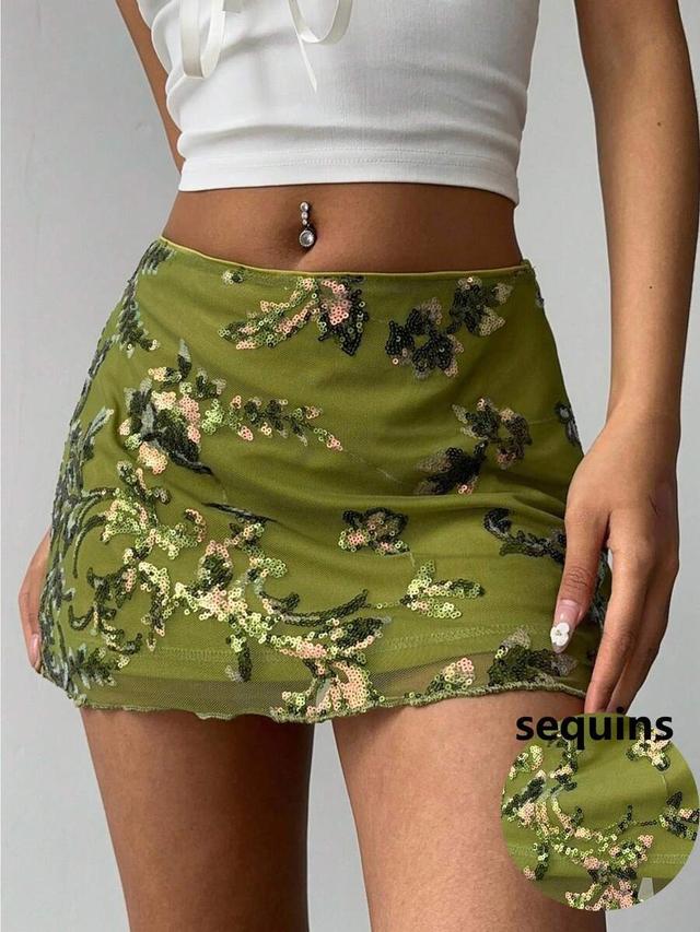 green floral sequin embroidered mesh mini skirt