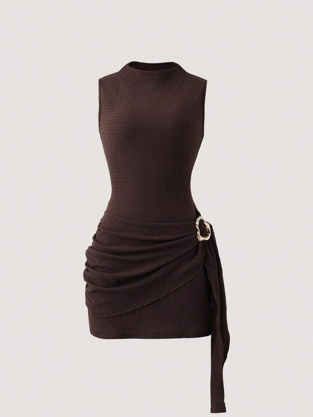 brown textured sleeveless mini dress with side buckle