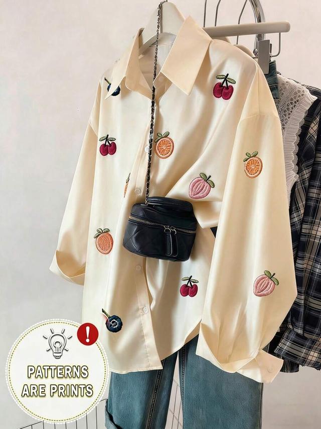 cream fruit embroidery button front long sleeve shirt