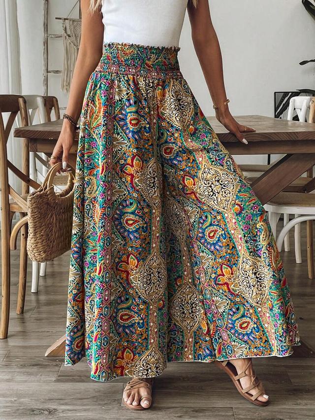paisley print high-waist wide-leg vacation trousers