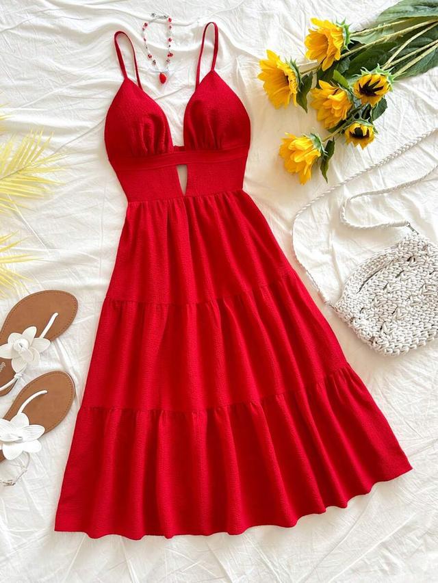soleia red spaghetti strap tiered mini dress