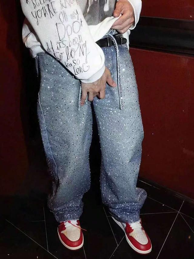 men's light blue straight leg rhinestone denim jeans