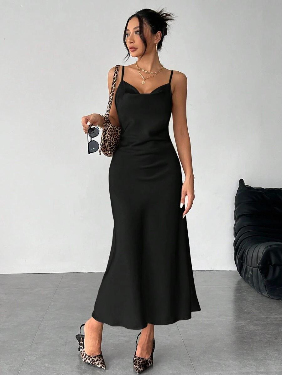 Solid Black Satin Swing Collar Midi Slip Dress
