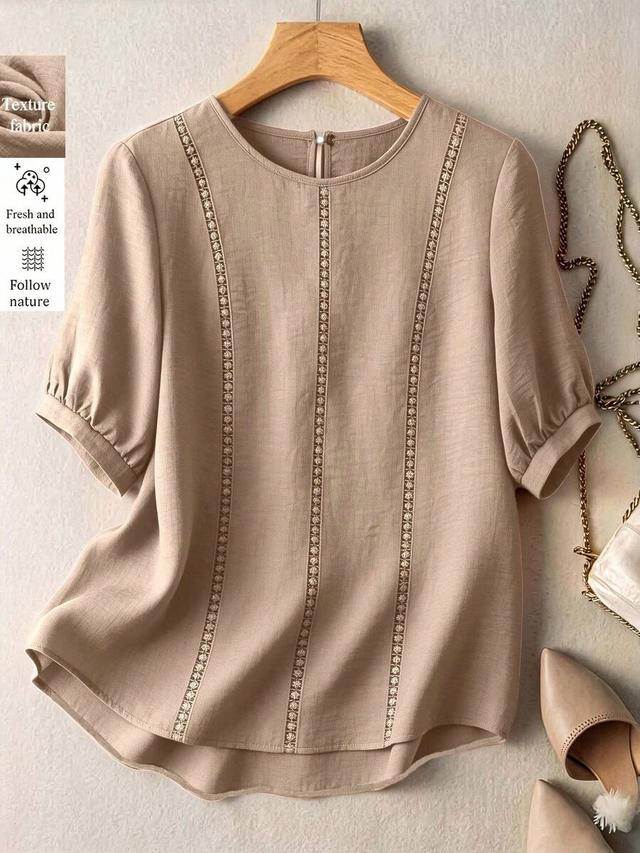 khaki puff sleeve blouse with lace trim patchwork