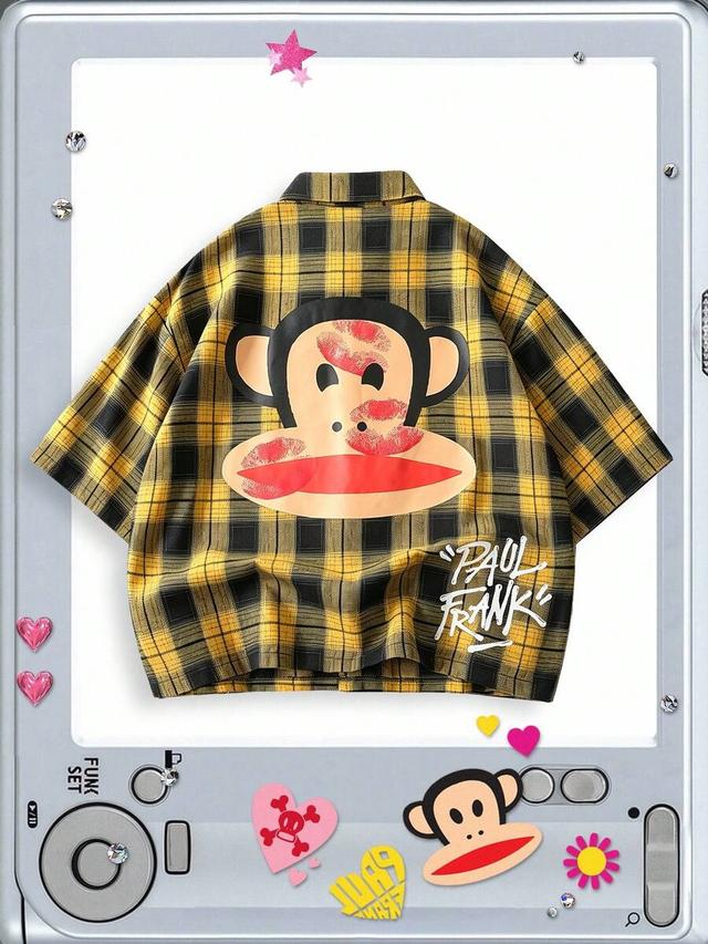 yellow and black plaid short sleeve button up shirt