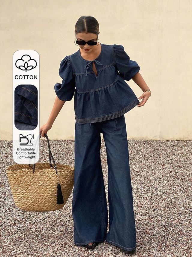 denim tie-front peplum top and wide leg jeans