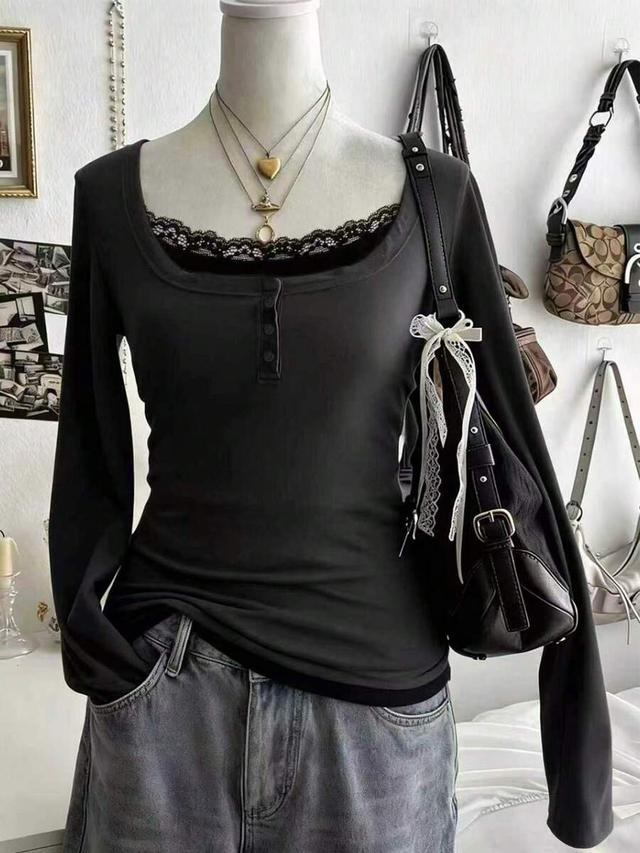 black contrast lace trim half-zip long sleeve top