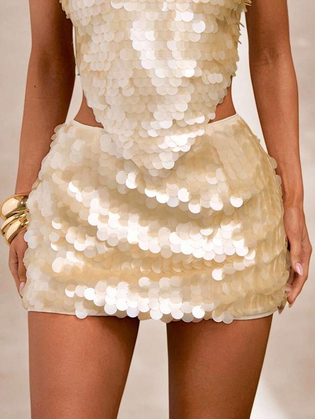 apricot sequin decorated bodycon mini skirt