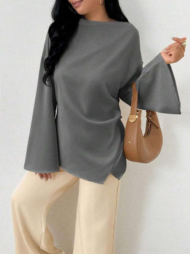 elegant grey flare sleeve blouse