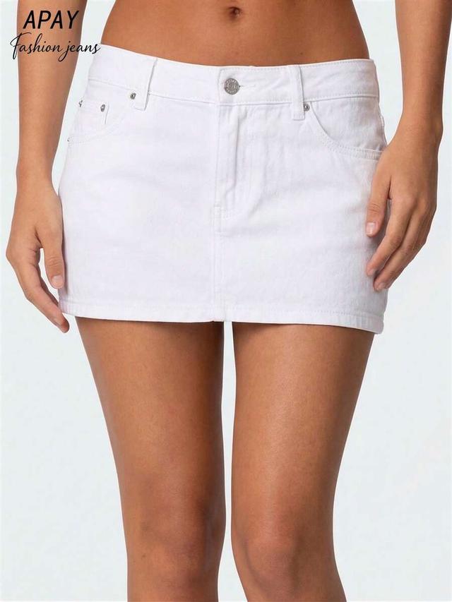 white denim mini skirt with classic five-pocket styling